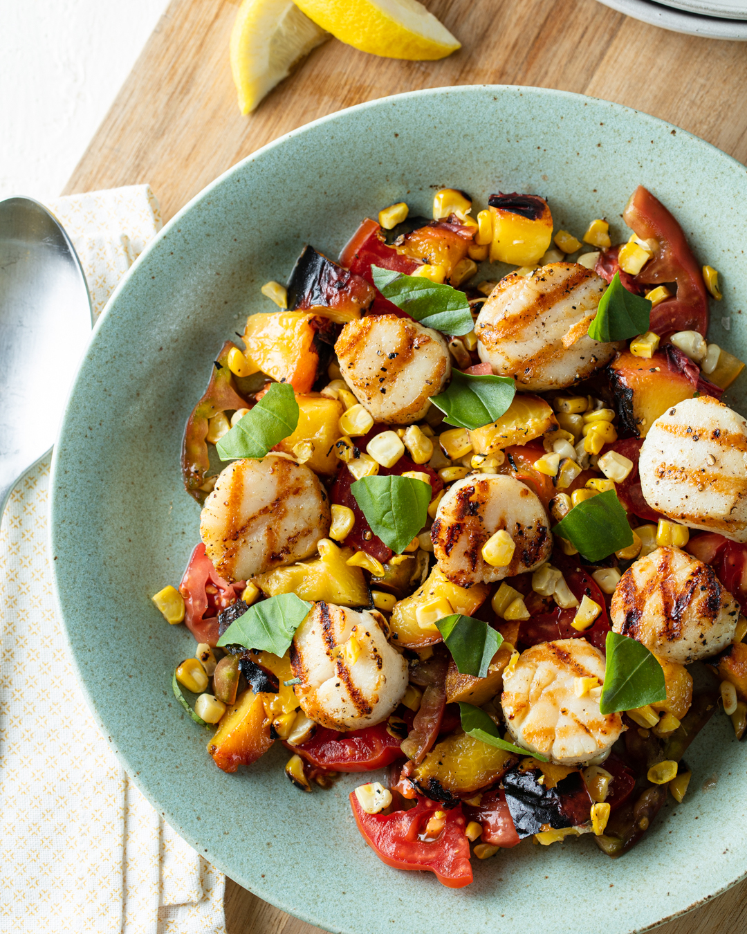 Grilled Scallops with Peach, Corn & Tomato Salad