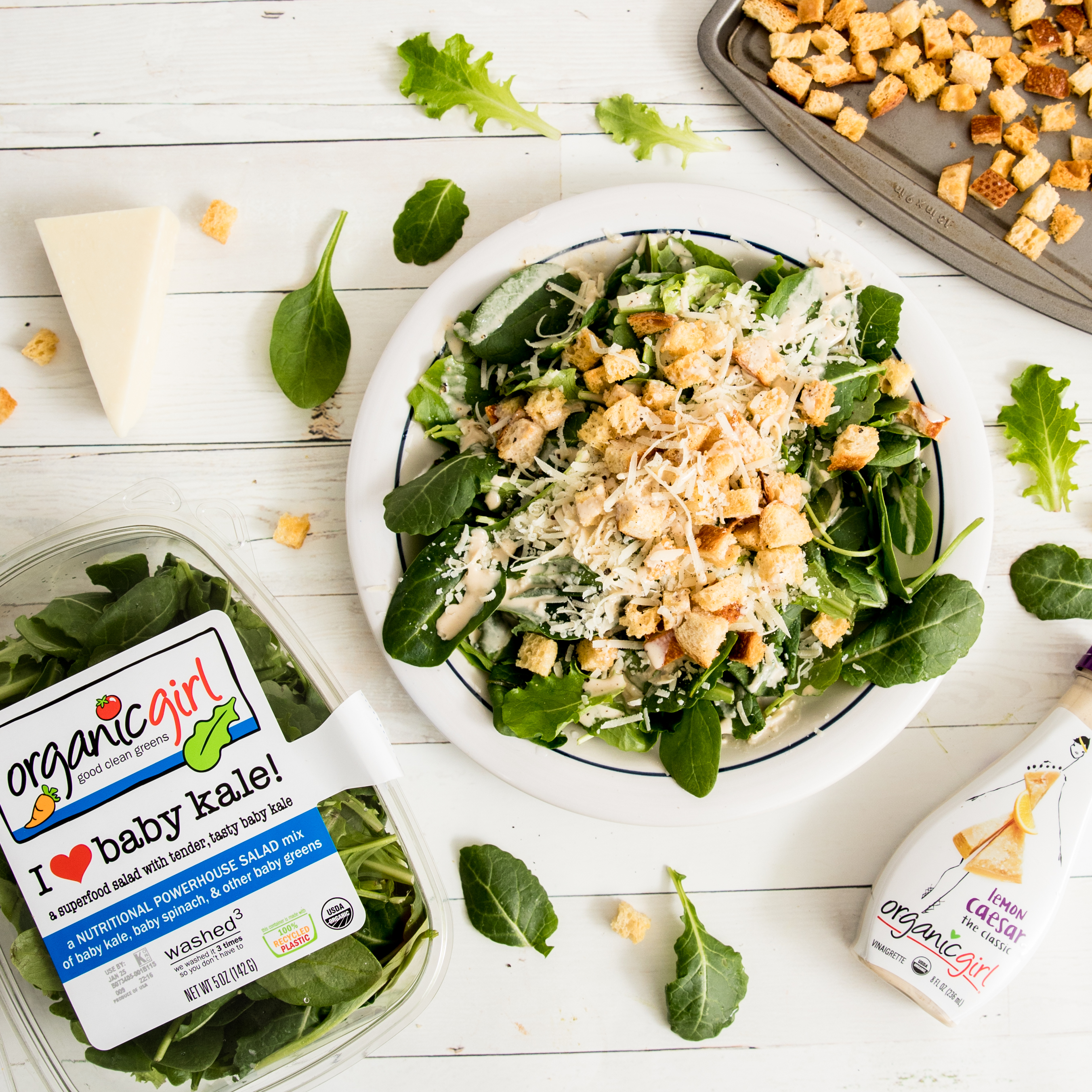 Baby Kale Caesar Salad with Sourdough Croutons