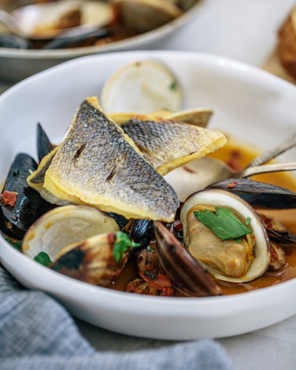 Branzino, Clams & Shellfish in White Wine