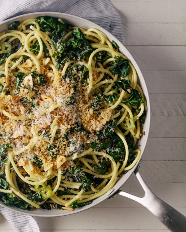 Bucatini & Swiss Chard with Garlicky Breadcrumbs