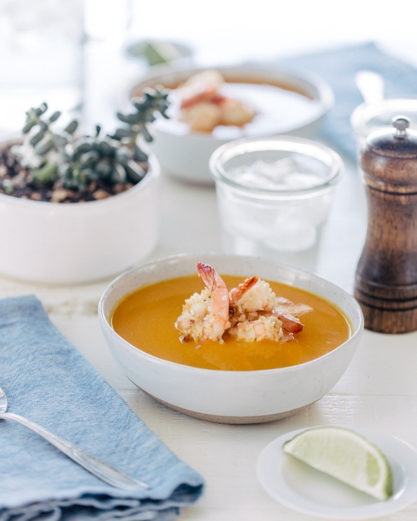 Carrot-Ginger Soup with Coconut-Roasted Shrimp