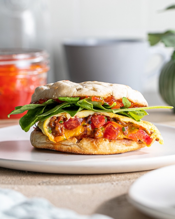 Chorizo Omelet Breakfast Sandwich with Pepper Jam