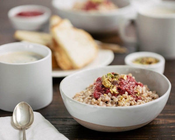 Farro Breakfast Porridge & Warm Raspberries 