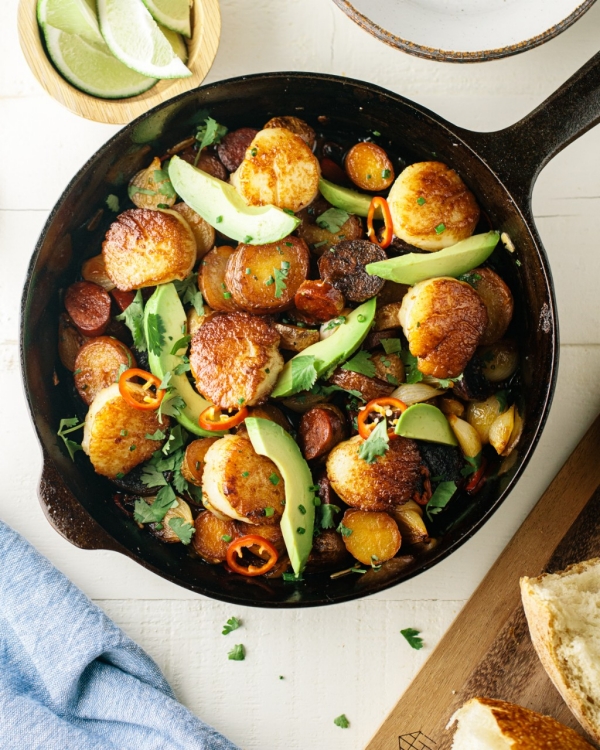 Scallop, Chorizo, and Avocado Skillet